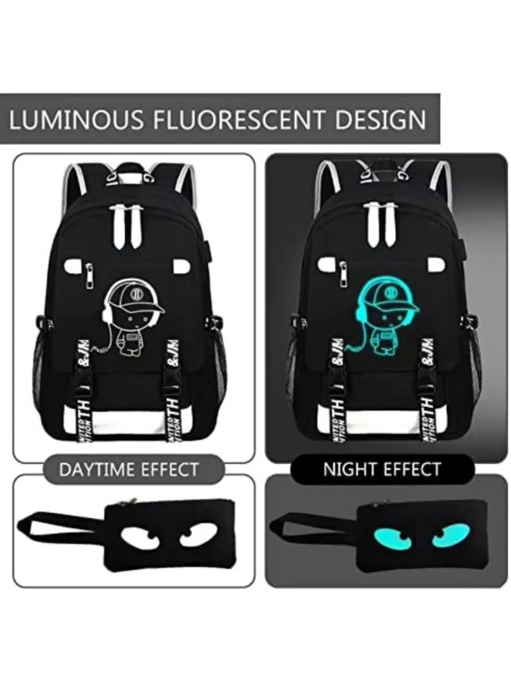Anime Print School Backpack for Boys & Teens - Large Reflective Daypack with USB